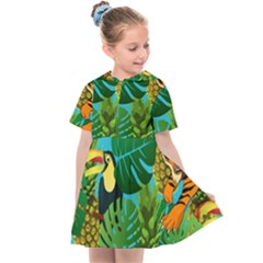 Tropical Pelican Tiger Jungle Blue Kids  Sailor Dress by snowwhitegirl