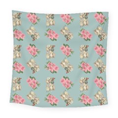 Retro Dog Floral Pattern Blue Square Tapestry (large)