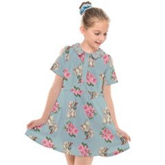 Retro Dog Floral Pattern Blue Kids  Short Sleeve Shirt Dress by snowwhitegirl