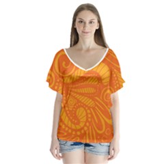 Pop Orange V-neck Flutter Sleeve Top by ArtByAmyMinori