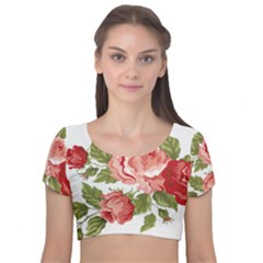 Flower Rose Pink Red Romantic Velvet Short Sleeve Crop Top 