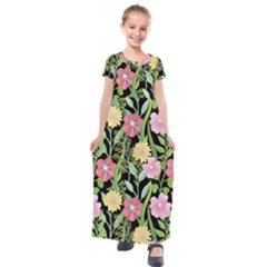 Black Elegant Floral Print Kids  Short Sleeve Maxi Dress