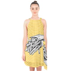 Pop Art French Fries Halter Collar Waist Tie Chiffon Dress