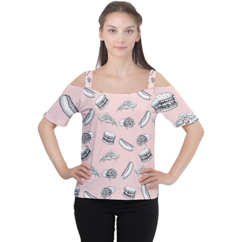 Fast Food Pattern Cutout Shoulder Tee by Valentinaart