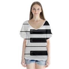 Keybord Piano V-Neck Flutter Sleeve Top