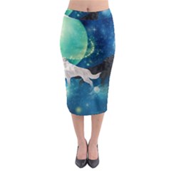 Awesome Black And White Wolf In The Universe Midi Pencil Skirt by FantasyWorld7