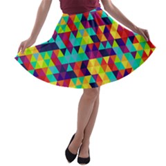 Bright Color Triangles Seamless Abstract Geometric Background A-line Skater Skirt