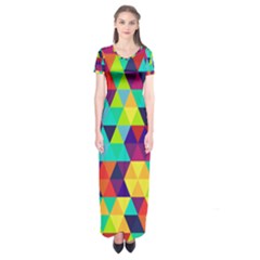 Bright Color Triangles Seamless Abstract Geometric Background Short Sleeve Maxi Dress