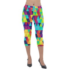 Bright Color Triangles Seamless Abstract Geometric Background Lightweight Velour Capri Leggings 