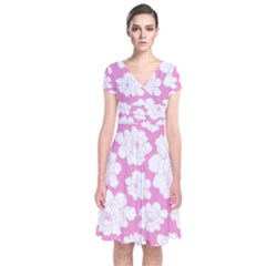 Beauty Flower Floral Pink Short Sleeve Front Wrap Dress