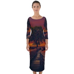 Wonderful Fantasy Sunset Wallpaper Tree Quarter Sleeve Midi Bodycon Dress