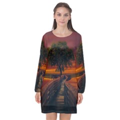 Wonderful Fantasy Sunset Wallpaper Tree Long Sleeve Chiffon Shift Dress  by Alisyart