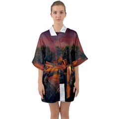 Wonderful Fantasy Sunset Wallpaper Tree Quarter Sleeve Kimono Robe