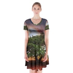 Lone Tree Fantasy Space Sky Moon Short Sleeve V-neck Flare Dress