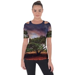 Lone Tree Fantasy Space Sky Moon Shoulder Cut Out Short Sleeve Top