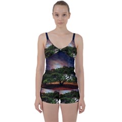 Lone Tree Fantasy Space Sky Moon Tie Front Two Piece Tankini