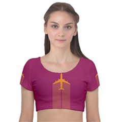 Airplane Jet Yellow Flying Wings Velvet Short Sleeve Crop Top 