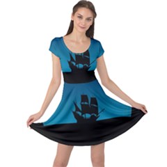 Ship Night Sailing Water Sea Sky Cap Sleeve Dress by Nexatart