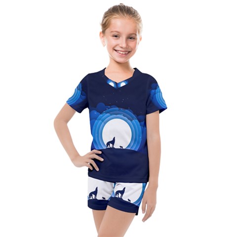 Month Full Moon Wolf Night Kids  Mesh Tee And Shorts Set by Nexatart