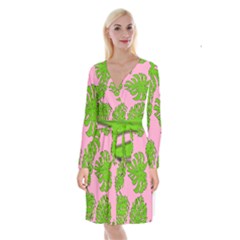 Leaves Tropical Plant Green Garden Long Sleeve Velvet Front Wrap Dress