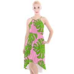 Leaves Tropical Plant Green Garden High-low Halter Chiffon Dress 