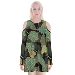 Autumn Fallen Leaves Dried Leaves Velvet Long Sleeve Shoulder Cutout Dress by Nexatart