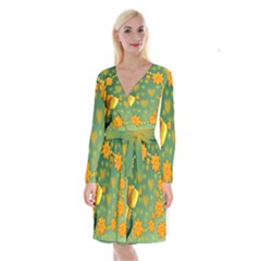 Background Design Texture Tulips Long Sleeve Velvet Front Wrap Dress