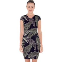 Jungle Leaves Tropical Pattern Capsleeve Drawstring Dress 