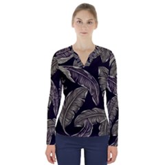 Jungle Leaves Tropical Pattern V-neck Long Sleeve Top