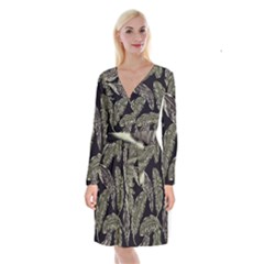 Jungle Leaves Tropical Pattern Long Sleeve Velvet Front Wrap Dress