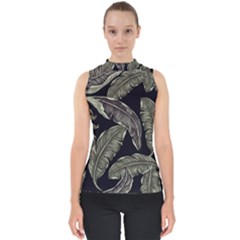 Jungle Leaves Tropical Pattern Mock Neck Shell Top by Nexatart