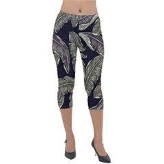 Jungle Leaves Tropical Pattern Lightweight Velour Capri Leggings 