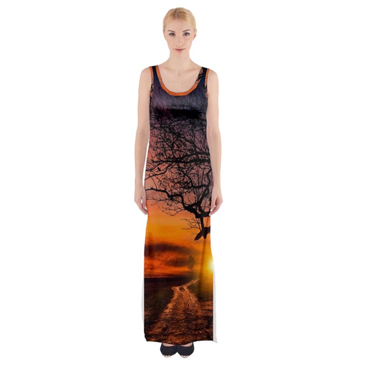 Lonely Tree Sunset Wallpaper Maxi Thigh Split Dress