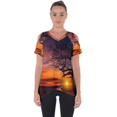 Lonely Tree Sunset Wallpaper Cut Out Side Drop Tee by Alisyart