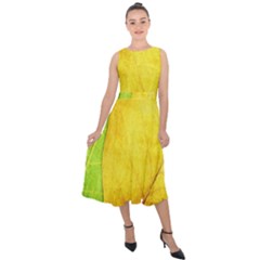 Green Yellow Leaf Texture Leaves Midi Tie-back Chiffon Dress