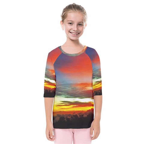 Sunset Mountain Indonesia Adventure Kids  Quarter Sleeve Raglan Tee by Nexatart