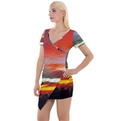 Sunset Mountain Indonesia Adventure Short Sleeve Asymmetric Mini Dress