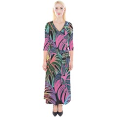 Leaves Tropical Jungle Pattern Quarter Sleeve Wrap Maxi Dress by Nexatart