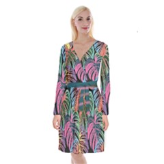 Leaves Tropical Jungle Pattern Long Sleeve Velvet Front Wrap Dress