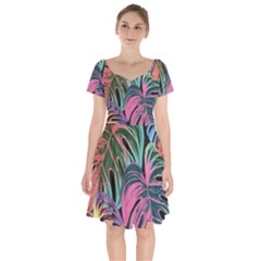 Leaves Tropical Jungle Pattern Short Sleeve Bardot Dress by Nexatart