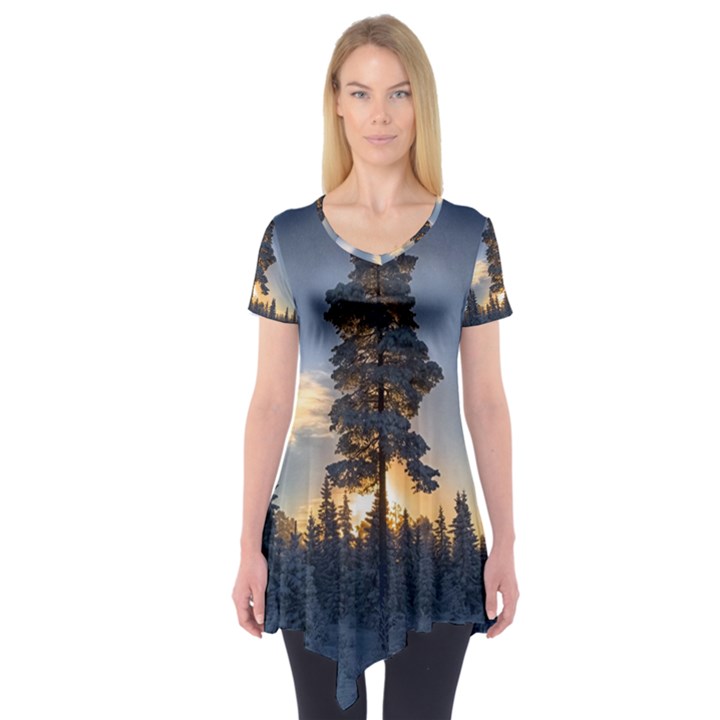 Winter Sunset Pine Tree Short Sleeve Tunic 