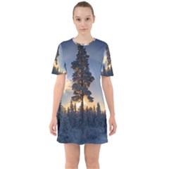 Winter Sunset Pine Tree Sixties Short Sleeve Mini Dress