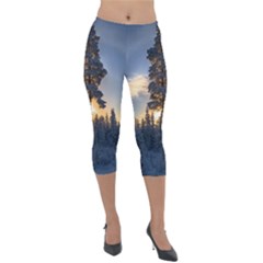 Winter Sunset Pine Tree Lightweight Velour Capri Leggings  by Alisyart