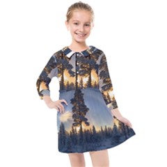 Winter Sunset Pine Tree Kids  Quarter Sleeve Shirt Dress by Alisyart