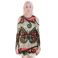 Cross Stitch Butterfly Velvet Long Sleeve Shoulder Cutout Dress by DeneWestUK