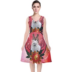 Cute Pemeranian With Flowers V-neck Midi Sleeveless Dress  by FantasyWorld7