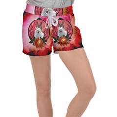 Cute Pemeranian With Flowers Women s Velour Lounge Shorts by FantasyWorld7