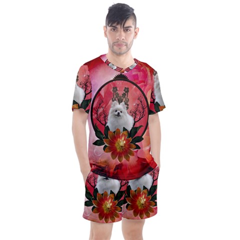 Cute Pemeranian With Flowers Men s Mesh Tee And Shorts Set by FantasyWorld7