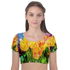 Festival Of Tulip Flowers Velvet Short Sleeve Crop Top  by FunnyCow