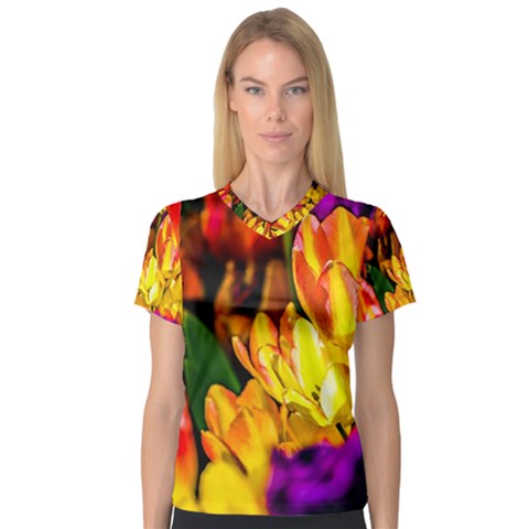 Fancy Tulip Flowers In Spring V-neck Sport Mesh Tee by FunnyCow